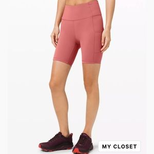 Color is called Cherry Tint, size 4 Lulu, Fast and Free high rise bike short 8”